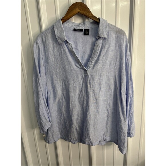 TAHARI 100% Linen Tunic Top Plus Size 2X Blue Pop-Over Beach Coastal Preppy - Picture 1 of 6